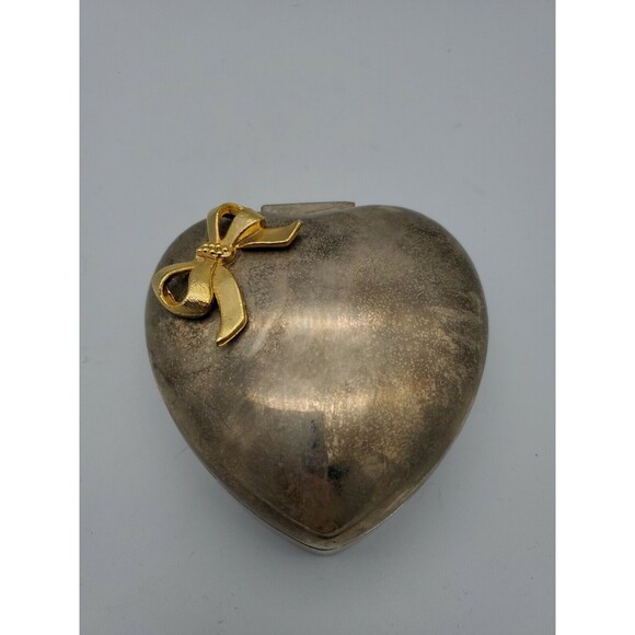 International Silver Co Plated Heart Shaped Jewelry Hinged Trinket Box with Bow - Picture 11 of 12